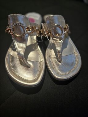 Unisa Metallic Gold T-Strap Sandals with Chain Ring Accent